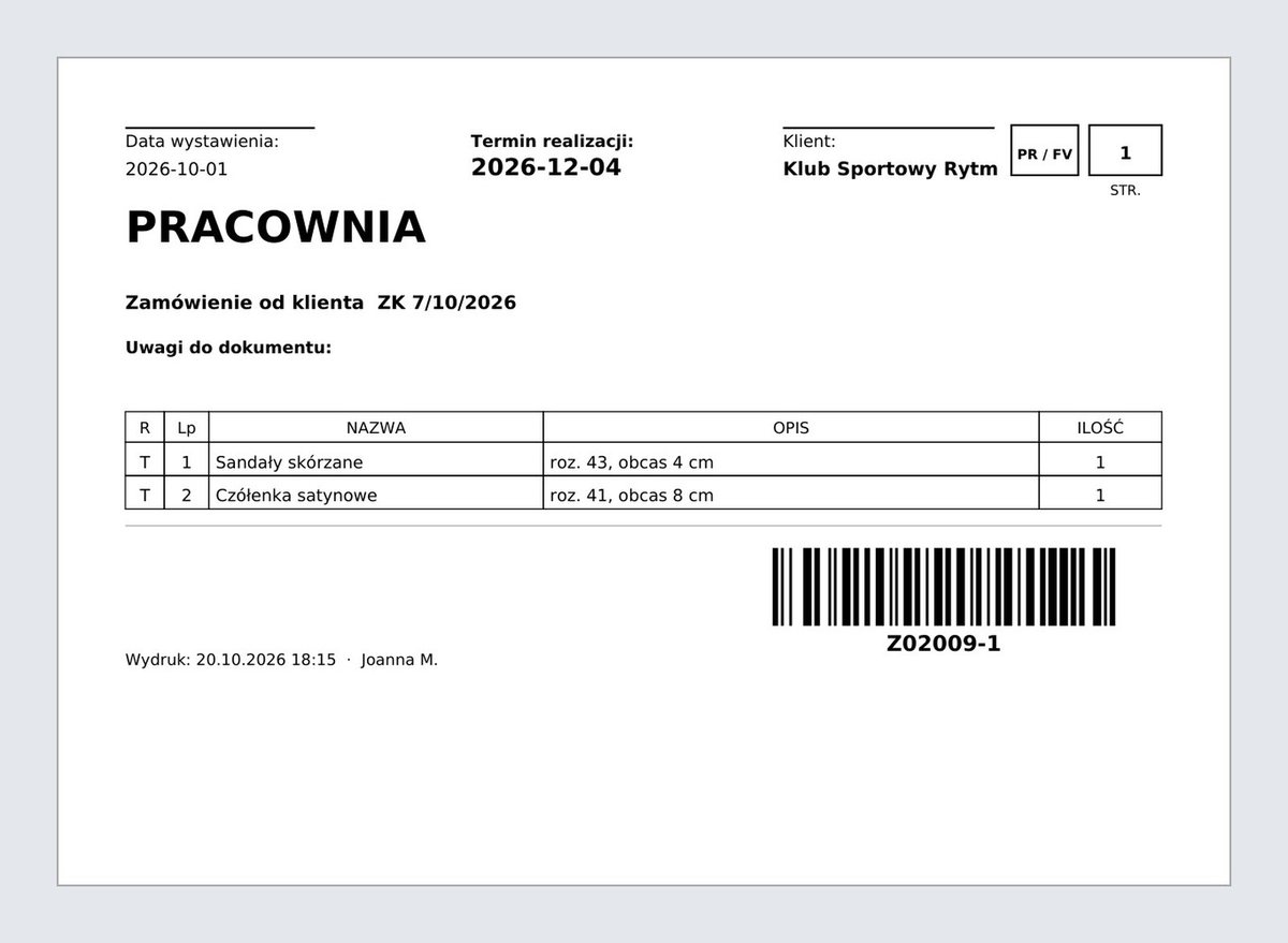 Wydruk zlecenia z kodem kreskowym tuż pod listą pozycji
